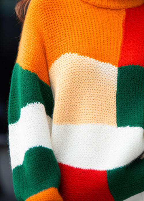 French Colorblock Turtleneck Cozy Knit Sweater Winter Wx007