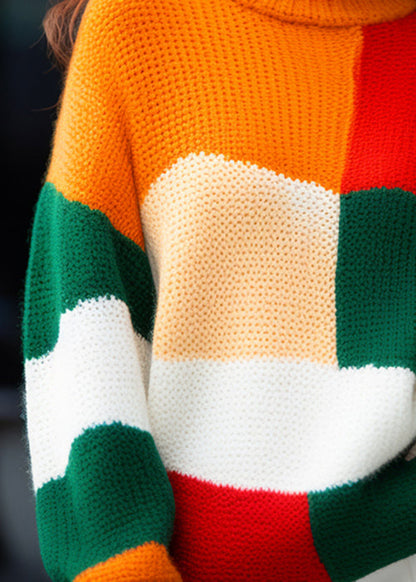 French Colorblock Turtleneck Cozy Knit Sweater Winter Wx007