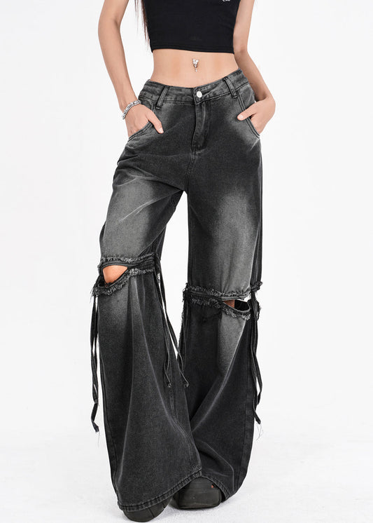 French Dark Gray Pockets Hole Patchwork Pants Summer Aw1012