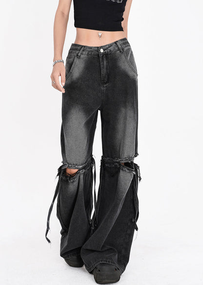 French Dark Gray Pockets Hole Patchwork Pants Summer Aw1012