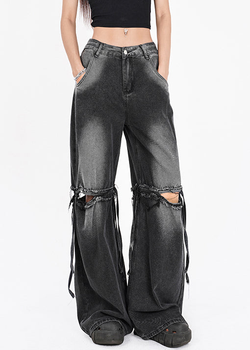 French Dark Gray Pockets Hole Patchwork Pants Summer Aw1012