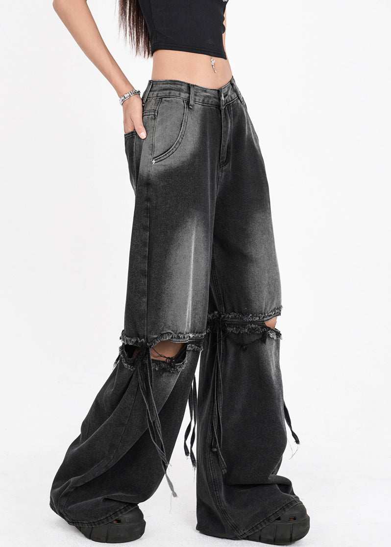 French Dark Gray Pockets Hole Patchwork Pants Summer Aw1012