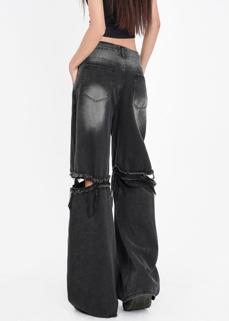 French Dark Gray Pockets Hole Patchwork Pants Summer Aw1012