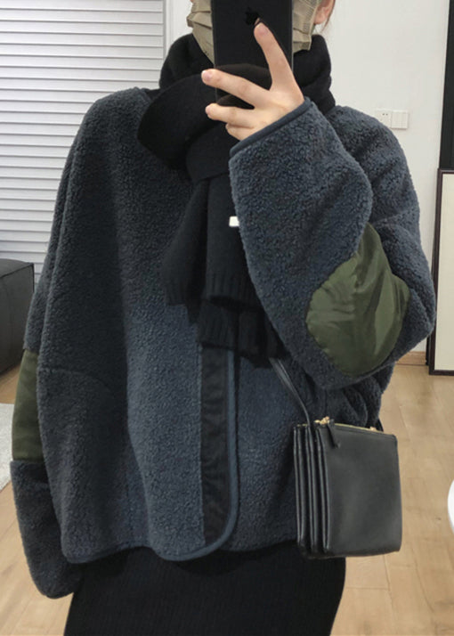 French Dark Gray Zippered Patchwork Teddy Faux Fur Coats Winter Tu018
