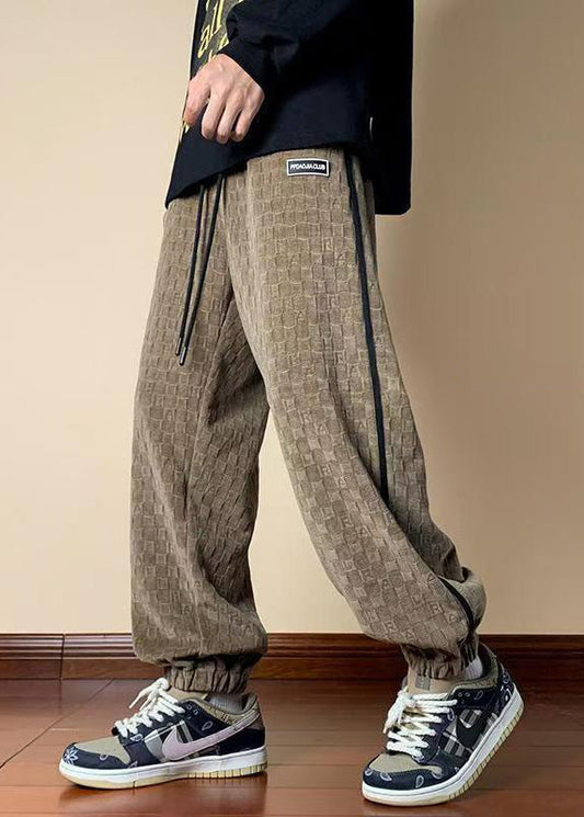French Dark Khaki Plaid Elastic Waist Cotton Pants Fall Wa052