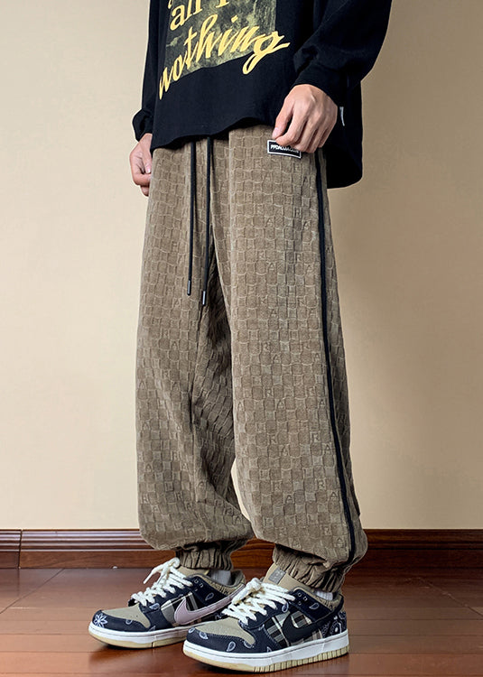 French Dark Khaki Plaid Elastic Waist Cotton Pants Fall Wa052