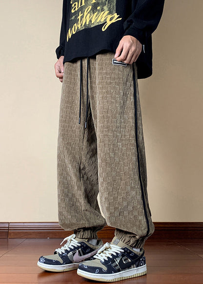 French Dark Khaki Plaid Elastic Waist Cotton Pants Fall Wa052