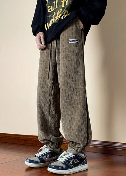 French Dark Khaki Plaid Elastic Waist Cotton Pants Fall Wa052