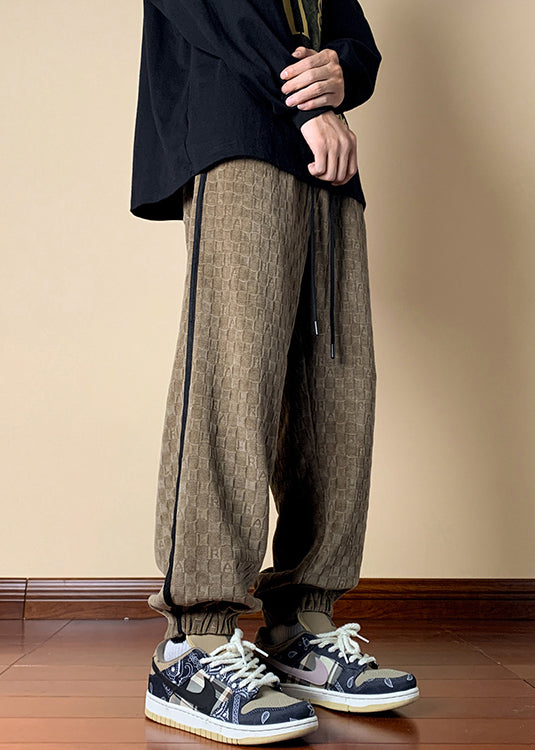 French Dark Khaki Plaid Elastic Waist Cotton Pants Fall Wa052