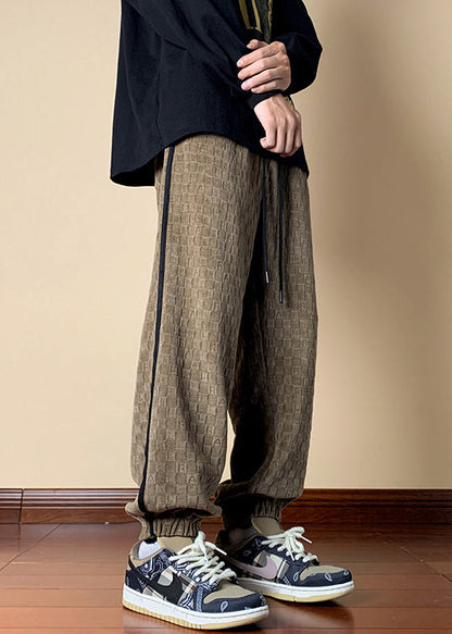 French Dark Khaki Plaid Elastic Waist Cotton Pants Fall Wa052