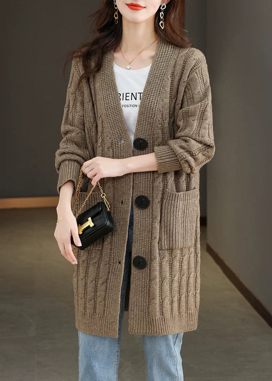 French Dark Khaki V Neck Button Wool Knit Cardigan Fall Qs013
