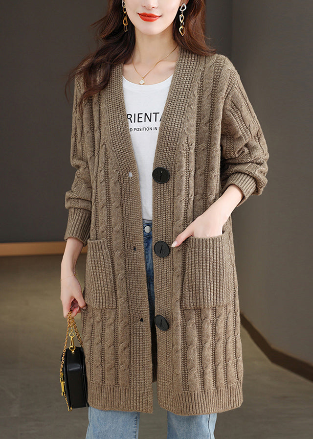 French Dark Khaki V Neck Button Wool Knit Cardigan Fall Qs013