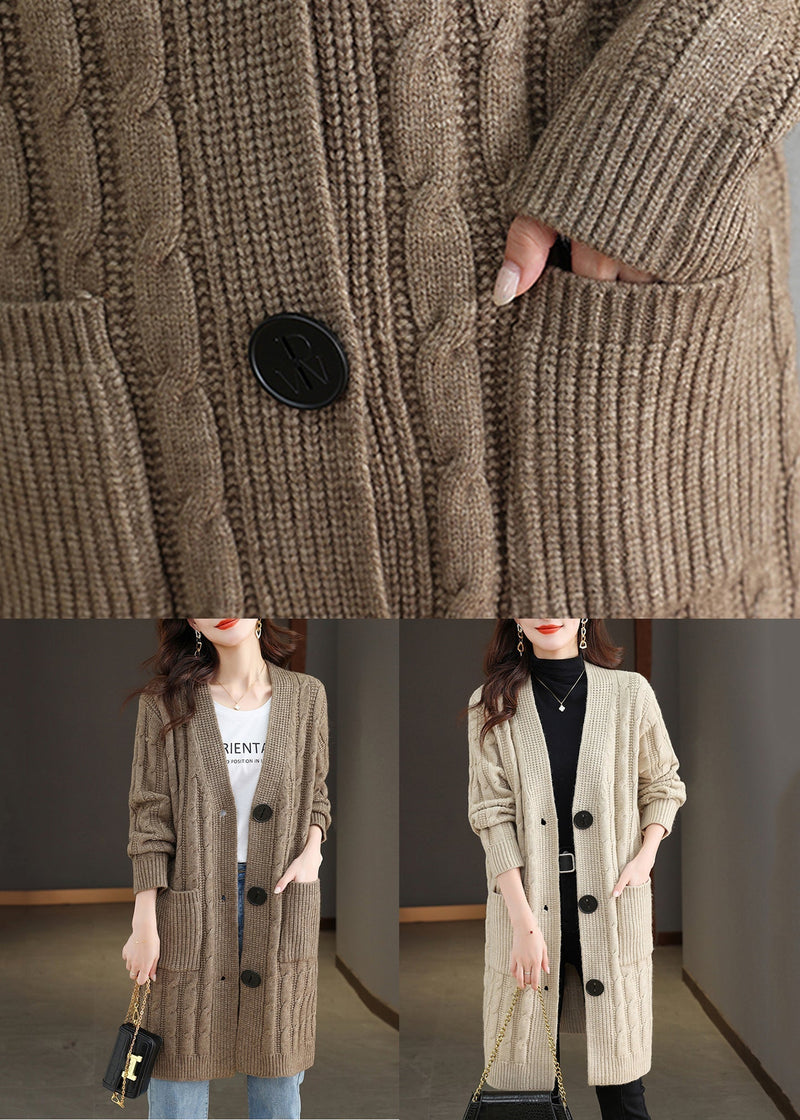 French Dark Khaki V Neck Button Wool Knit Cardigan Fall Qs013