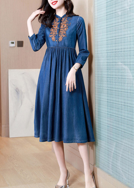 French Denim Blue V Neck Embroideried Patchwork Elastic Waist Cotton Long Dresses Spring Ac2022