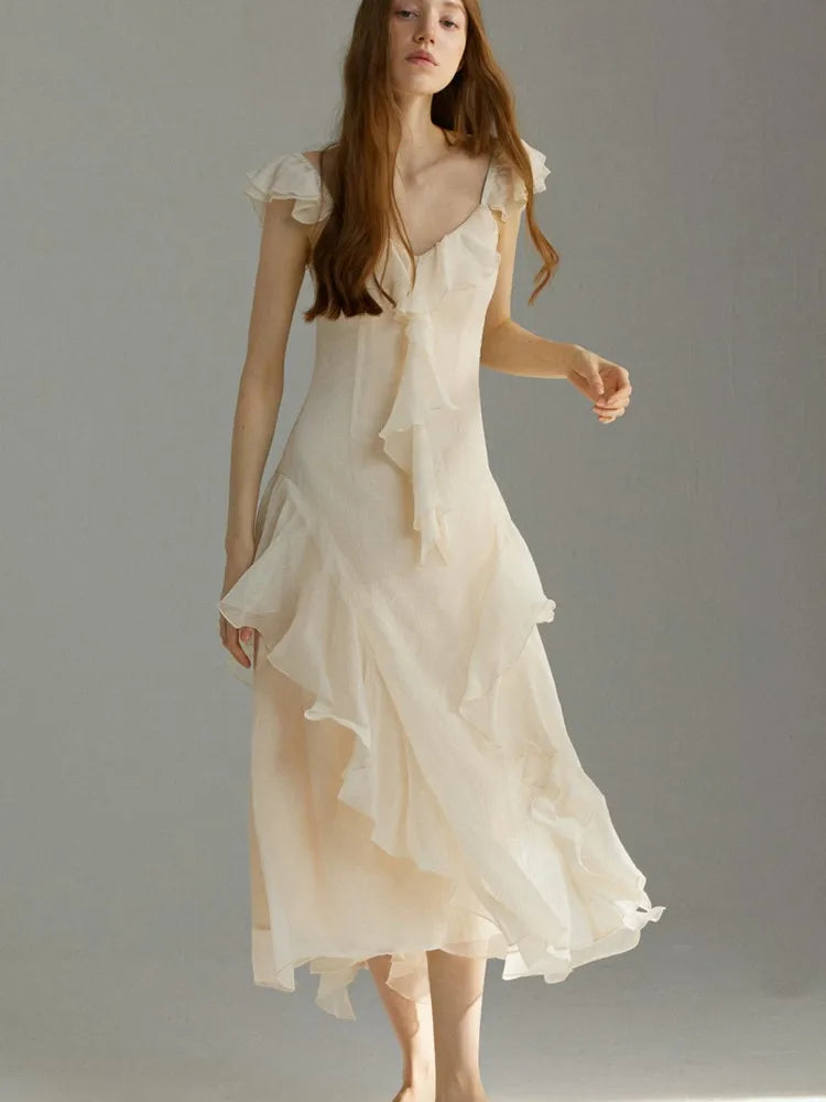 French Ruffles Midi Dress Summer New Sleeveless V-neck Holiday Beach Style A-line Party Prom Robe Vestido Mujer