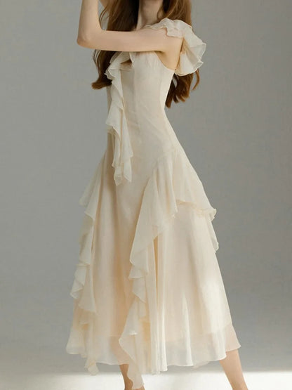French Ruffles Midi Dress Summer New Sleeveless V-neck Holiday Beach Style A-line Party Prom Robe Vestido Mujer