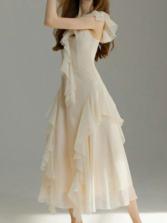 French Ruffles Midi Dress Summer New Sleeveless V-neck Holiday Beach Style A-line Party Prom Robe Vestido Mujer
