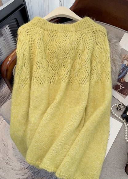 French Fruit Green O-neck Hollow Out Ma Hai Mao Cotton Knit Sweater Tops Winter Rk009
