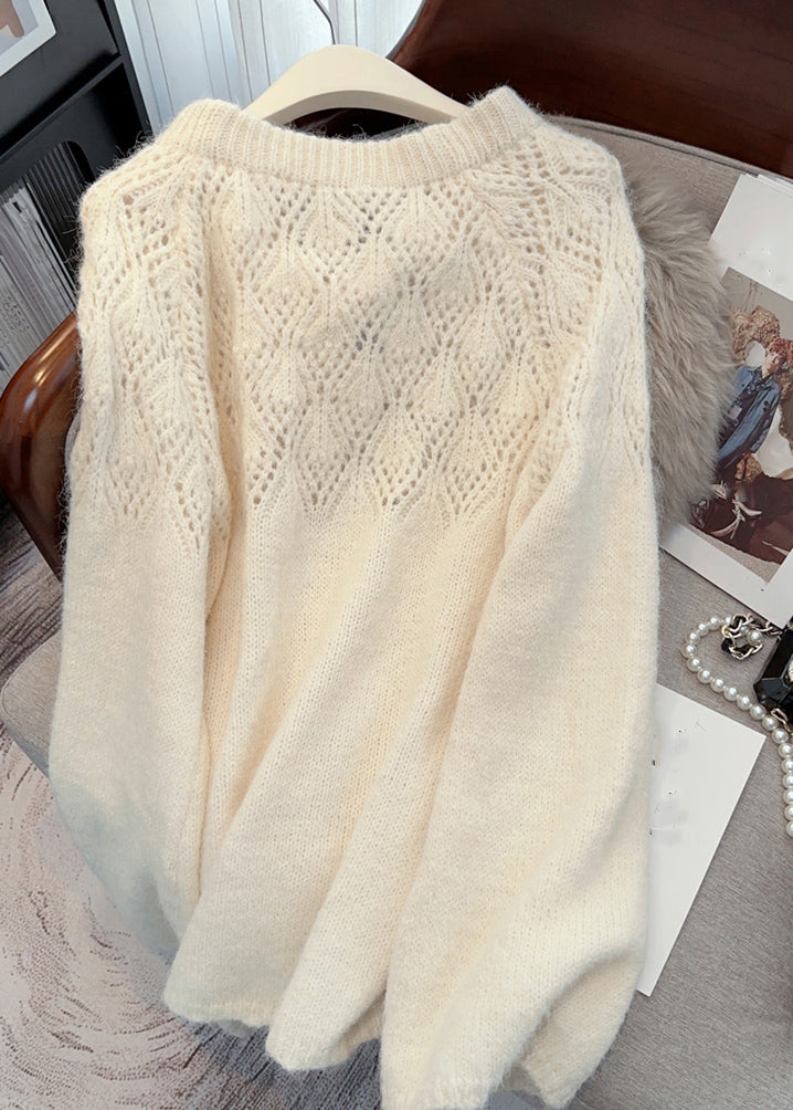 French Fruit Green O-neck Hollow Out Ma Hai Mao Cotton Knit Sweater Tops Winter Rk009