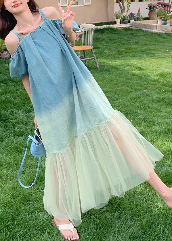 French Gradient Color Tulle Patchwork Long Dresses Summer Xx004