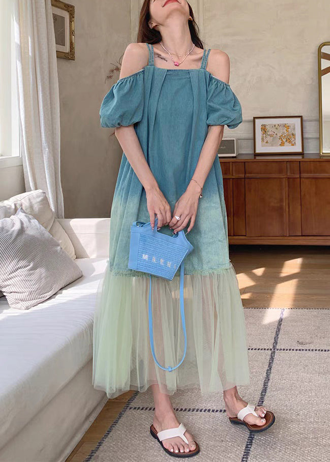French Gradient Color Tulle Patchwork Long Dresses Summer Xx004