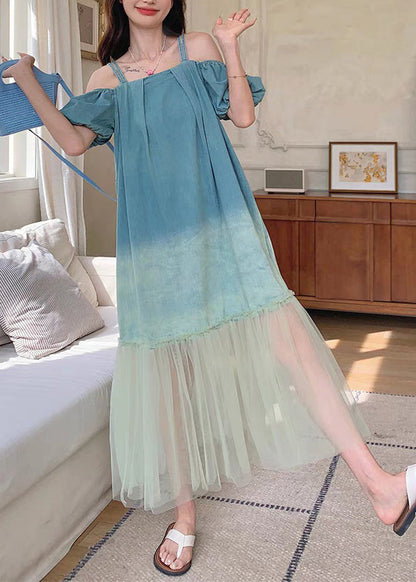 French Gradient Color Tulle Patchwork Long Dresses Summer Xx004