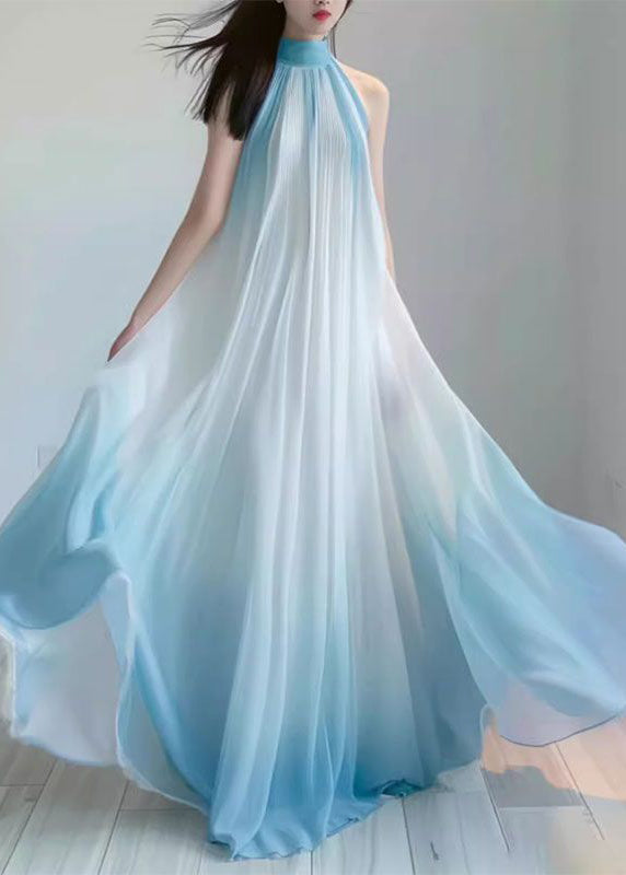 French Gradient Color Wrinkled Chiffon Long Dress Sleeveless Xx096