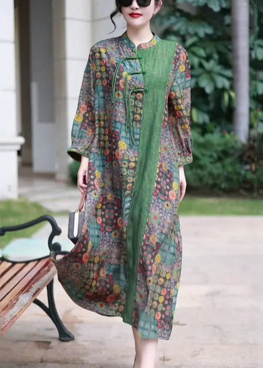 French Green Button Print Patchwork Silk Long Dress Spring Cg1020
