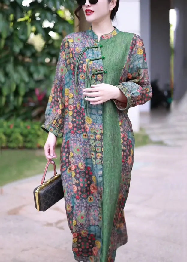 French Green Button Print Patchwork Silk Long Dress Spring Cg1020