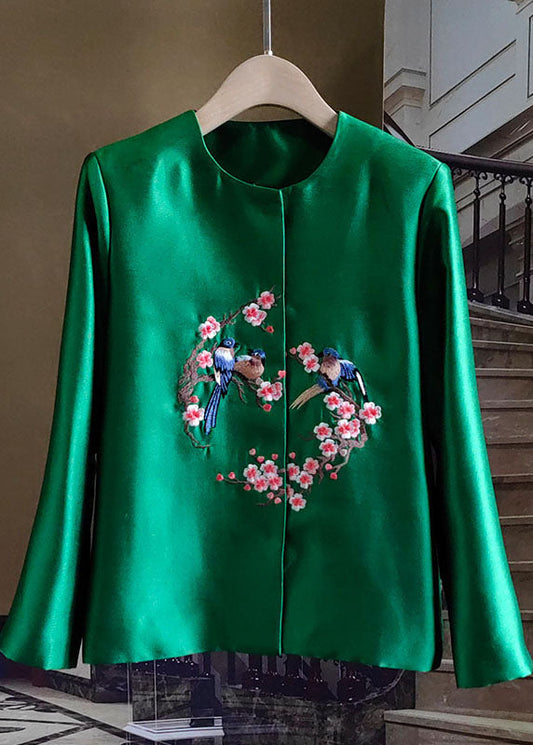 French Green Embroideried Bird Patchwork Silk Coat Spring Ly0981