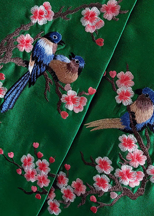 French Green Embroideried Bird Patchwork Silk Coat Spring Ly0981