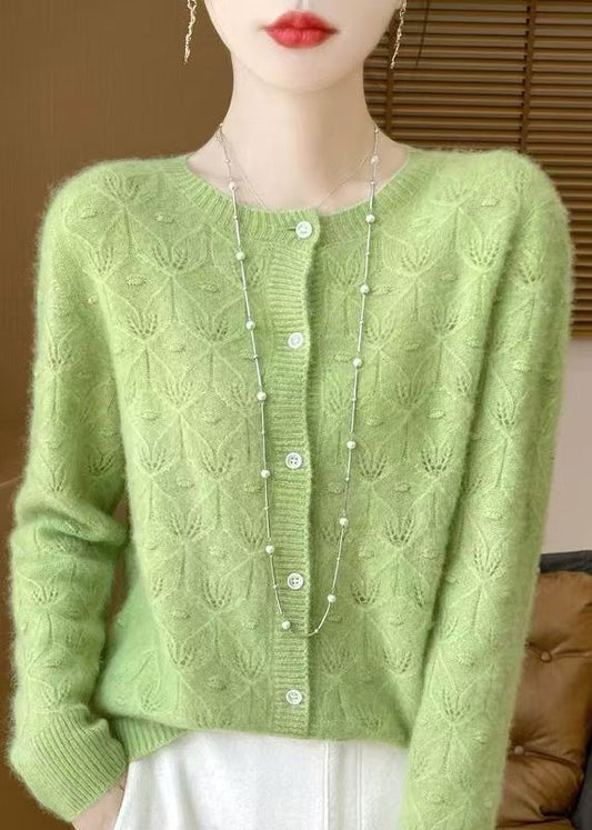 French Green O Neck Button Hollow Out Wool Cardigan Spring Tq007