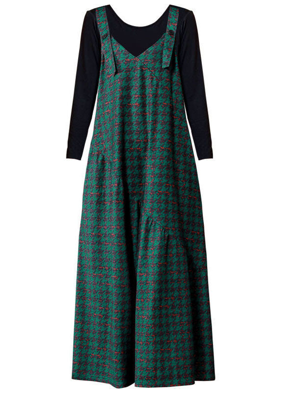 French Green Oversized Print Cotton Overalls Jumpsuit Two Piece Set Spring Ac2005
