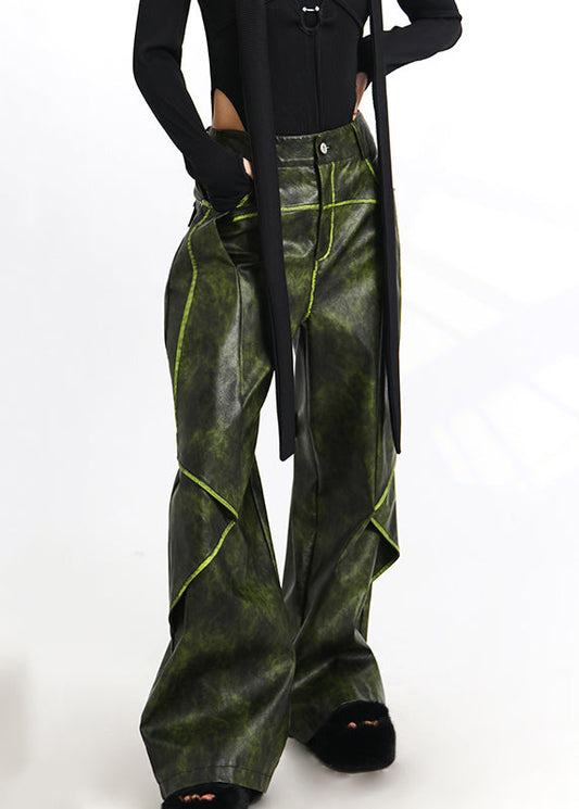 French Green Pockets High Waist Faux Leather Pants Spring As1011