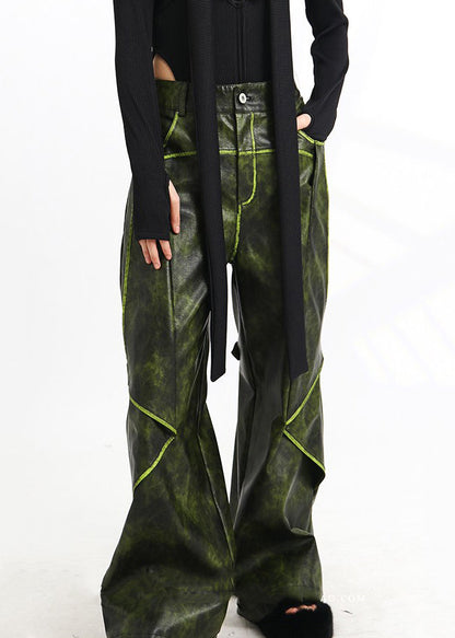 French Green Pockets High Waist Faux Leather Pants Spring As1011