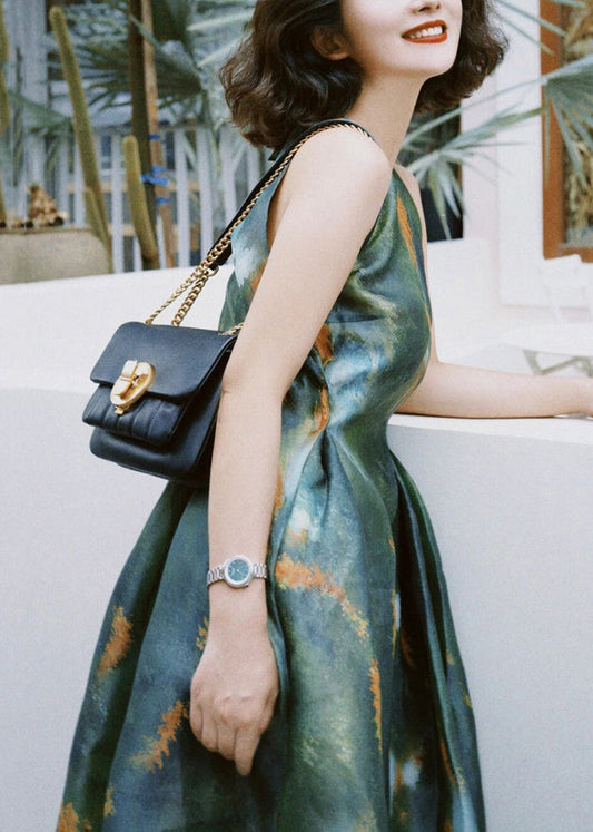French Green Print High Waist Silk Long Dress Sleeveless Kk030