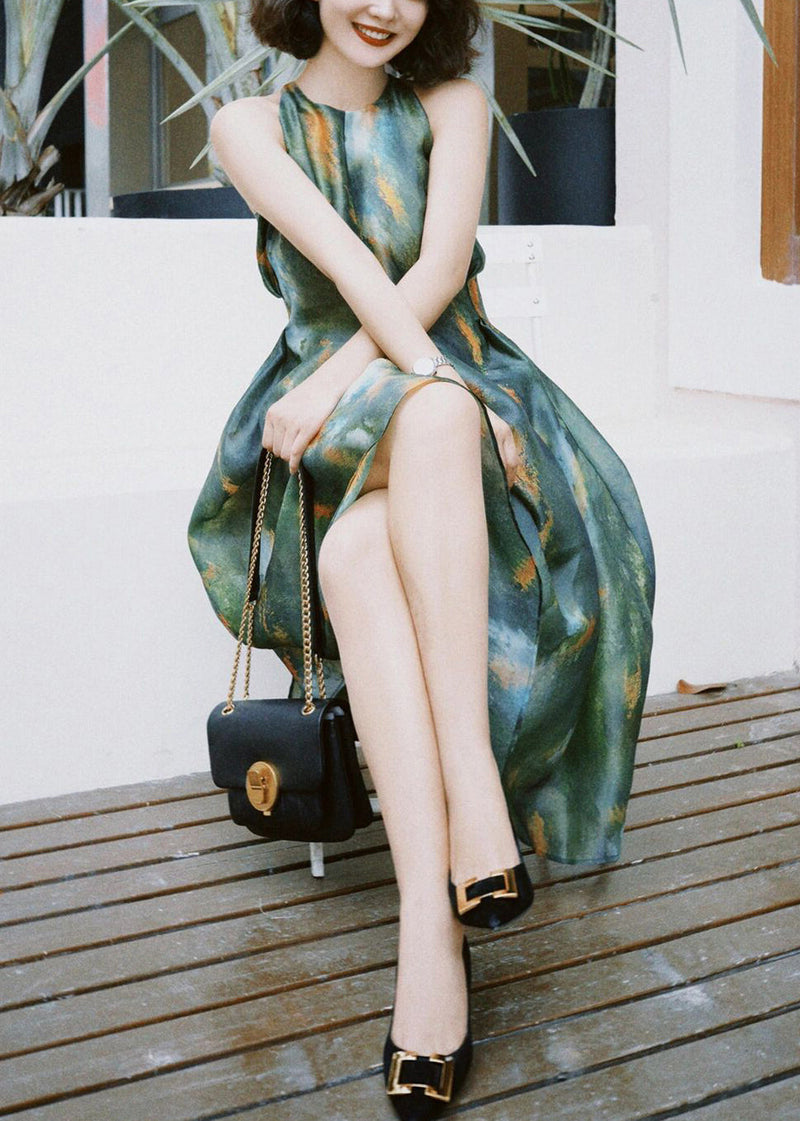 French Green Print High Waist Silk Long Dress Sleeveless Kk030