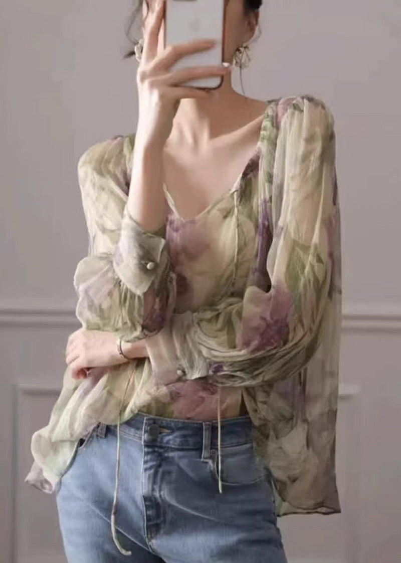 French Green Print Lace Up Chiffon Blouse Long Sleeve Ee009