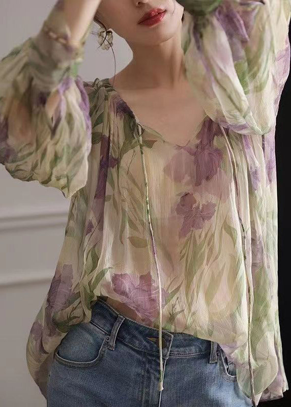 French Green Print Lace Up Chiffon Blouse Long Sleeve Ee009