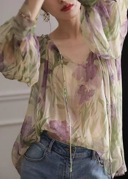French Green Print Lace Up Chiffon Blouse Long Sleeve Ee009