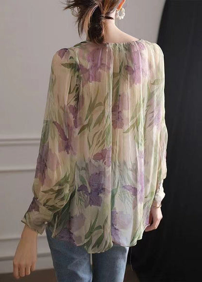 French Green Print Lace Up Chiffon Blouse Long Sleeve Ee009