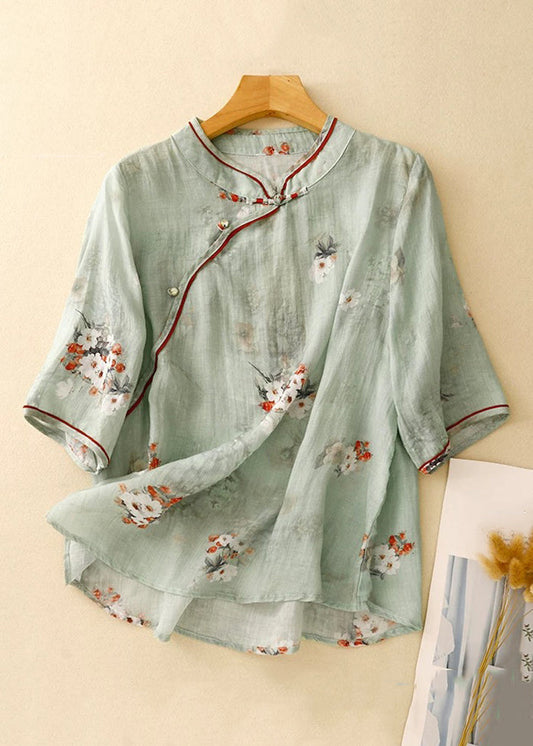 French Green Stand Collar Print Linen Blouses Half Sleeve Jh067