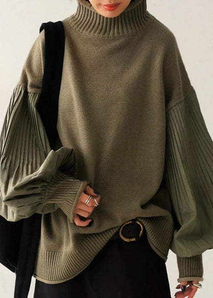 French Green Turtleneck Patchwork Knit Sweater Lantern Sleeve Tf012