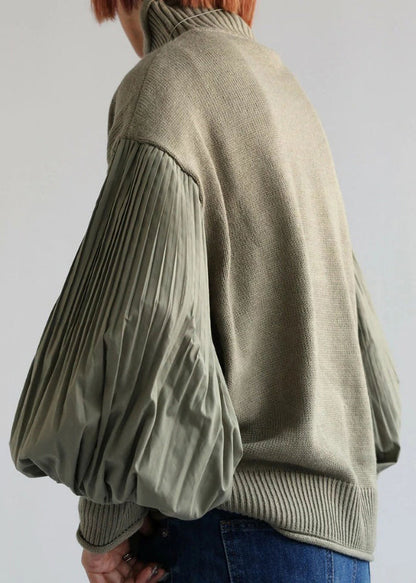 French Green Turtleneck Patchwork Knit Sweater Lantern Sleeve Tf012