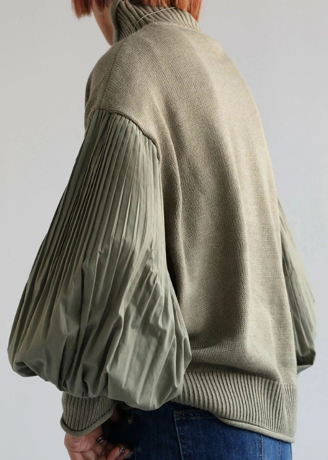 French Green Turtleneck Patchwork Knit Sweater Lantern Sleeve Tf012