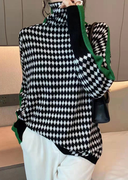 French Green Turtleneck Plaid Patchwork Knit Coats Spring Tf041