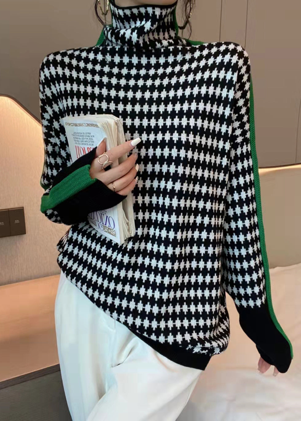 French Green Turtleneck Plaid Patchwork Knit Coats Spring Tf041