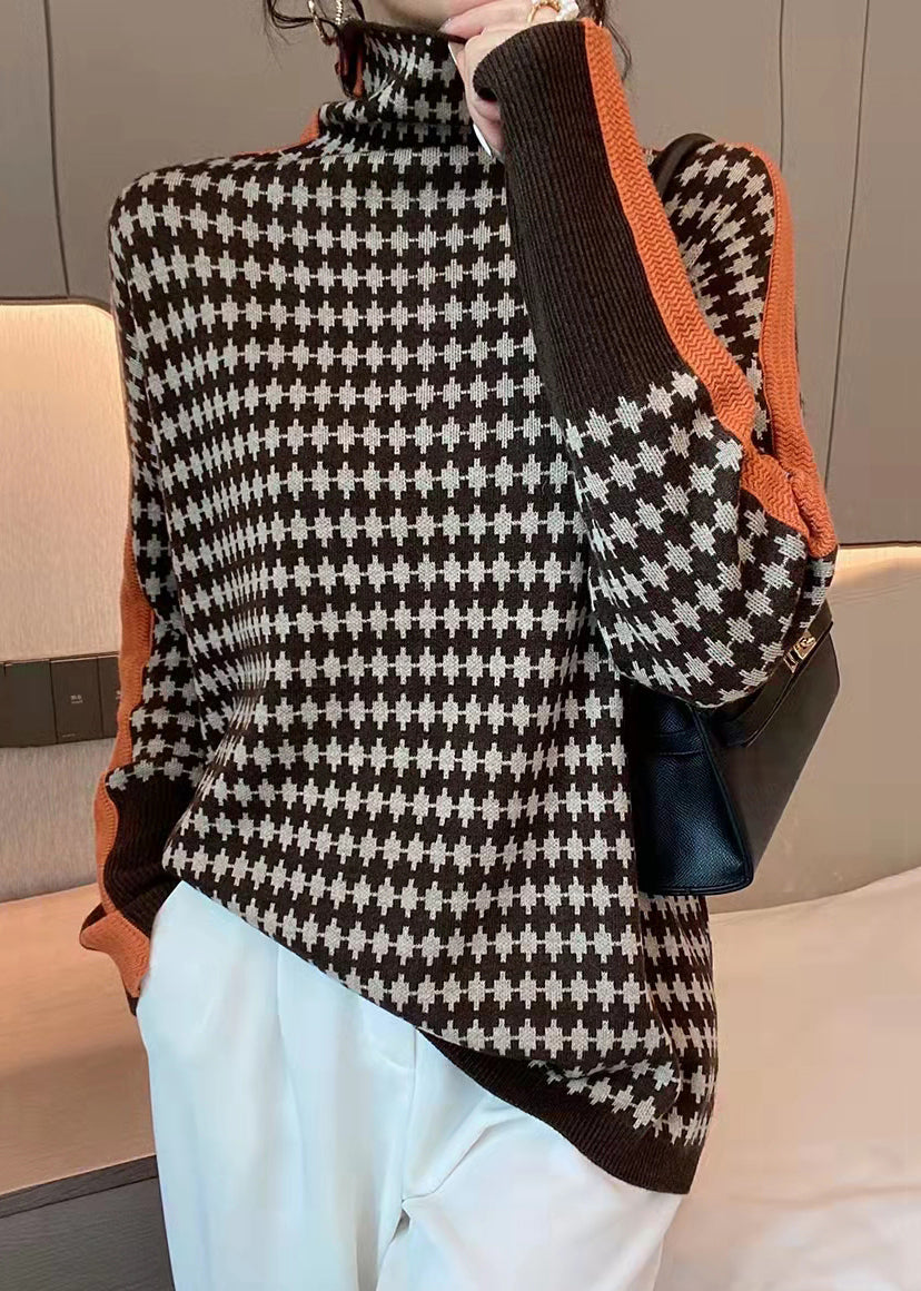 French Green Turtleneck Plaid Patchwork Knit Coats Spring Tf041