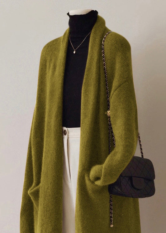 French Green V Neck Pockets Woolen Cardigan Fall Rs046