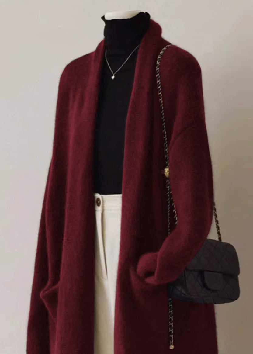 French Green V Neck Pockets Woolen Cardigan Fall Rs046
